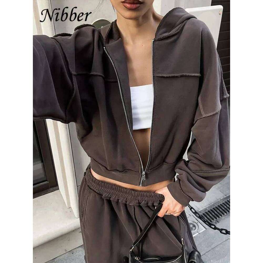 Nibber Casual Tracksuit Women 2 Piece Set Panelled Stripes Sporty Simple Hipster Hooded Zip Jacket+Wide Pants Matching Suits