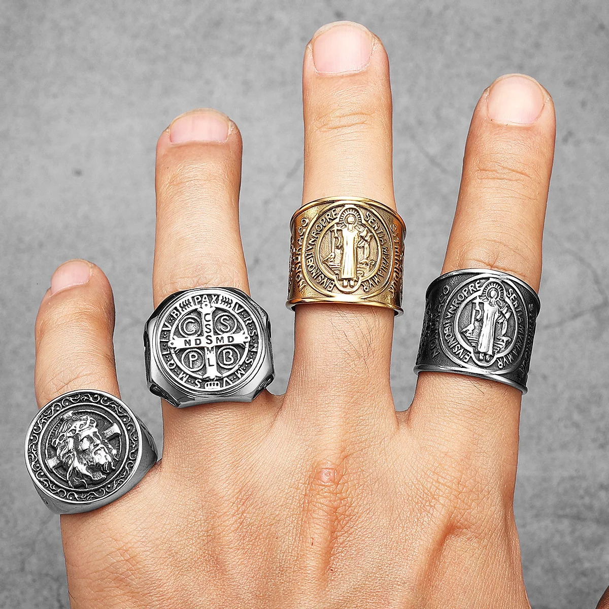 Saint Benedict Exorcism Amulet Men Rings Stainless Steel Women Jewelry Punk Rock Cool Stuff Fashion Accessories Gift Wholesale 250717