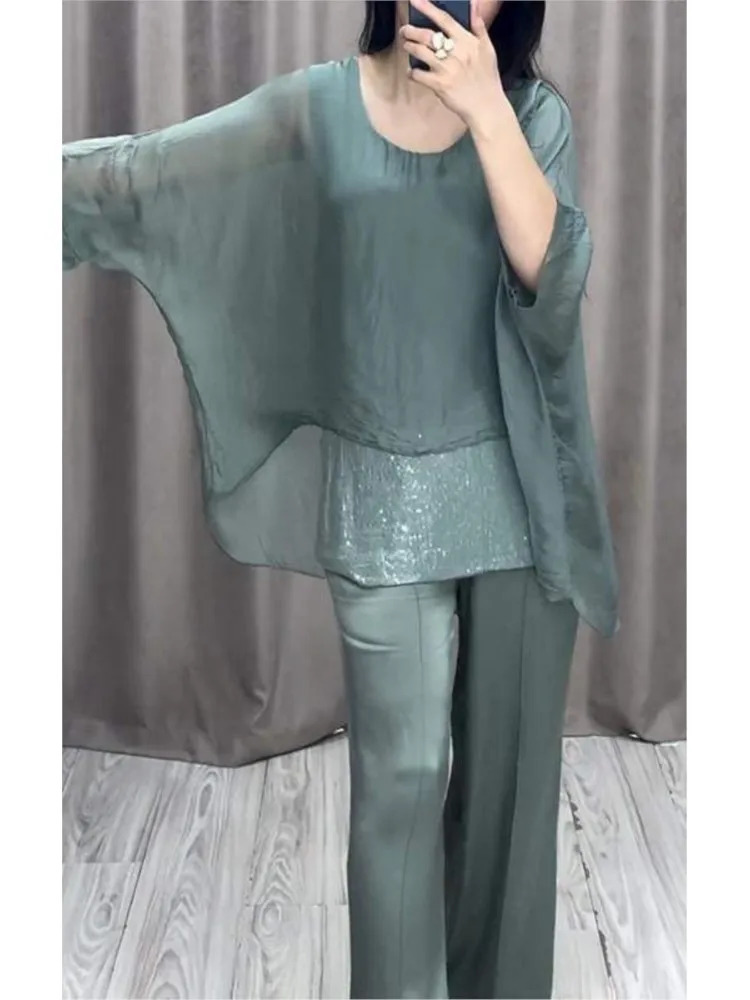 Women Double-layer Top Two-piece Suit Spring Autumn Fashion O-neck Sets Casual Batwing Sleeve Top With Wide Leg Pants Outfits 250714