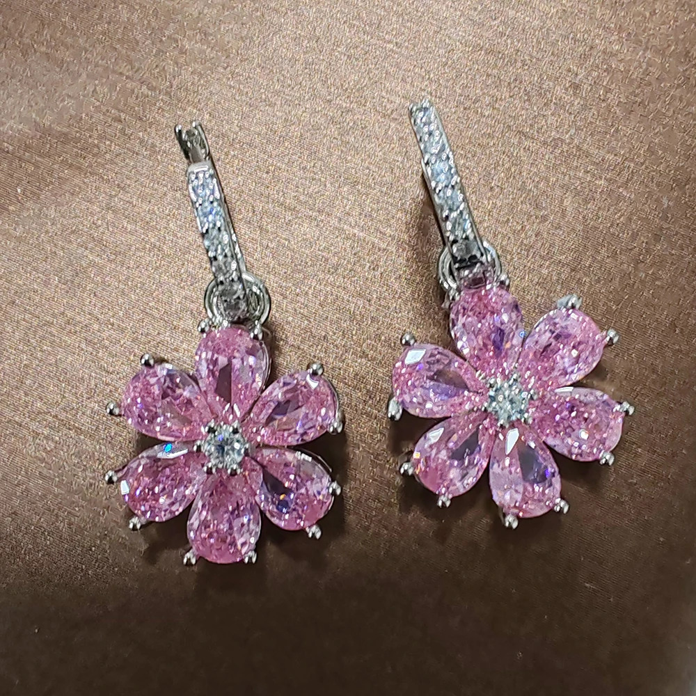 Pink Flower Sparkling Zircon S925 Silver Drop Earrings for Women Vintage Jewelry Wedding Engagement Hoop Earrings Gifts 250715