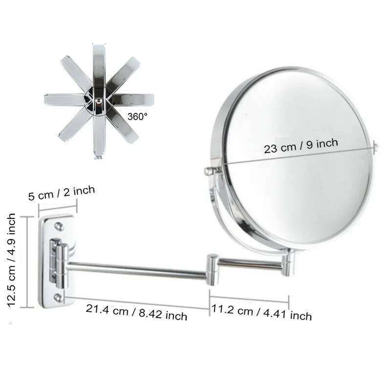 9" Shower 1X/10X Magnification Double Sided Vanity Makeup 360 Rotating Extendable Bathroom Mirror