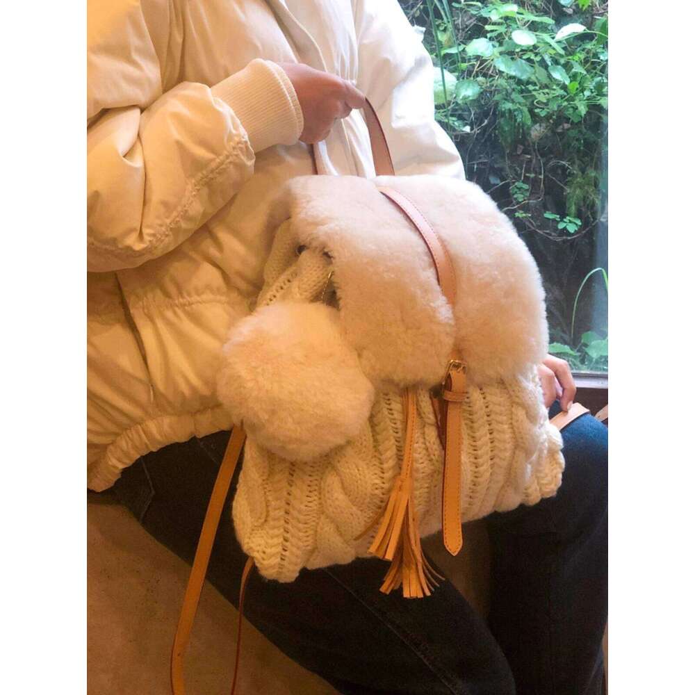 Wool For Women Autumn Winter New Tassel Drawstring Small Backpack Knitted Yarn Fluffy School Bag