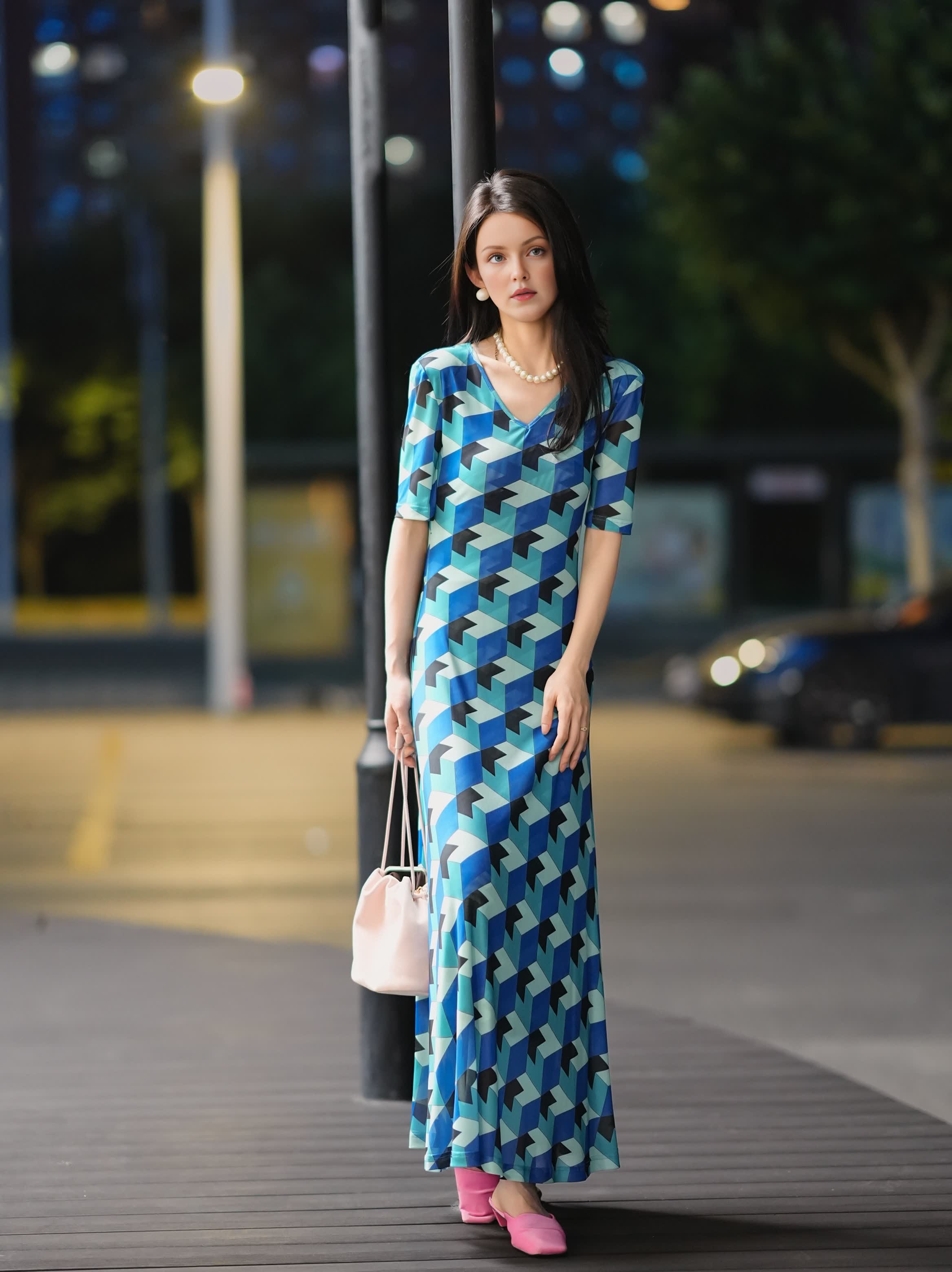 HZHJ new original design blue and black block dress, designer style, fashion show, high-end fashion show