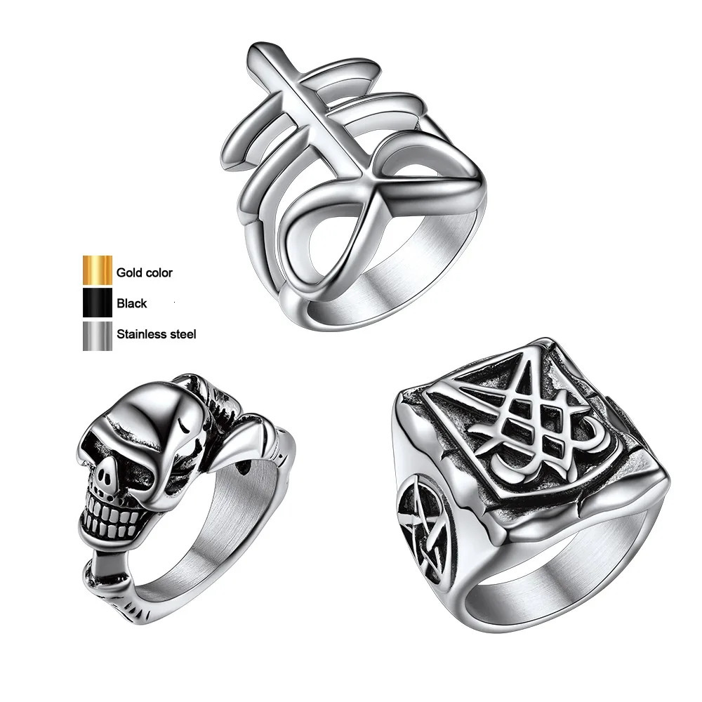 7 Stainless Steel Satan Rings Satanic Symbols Sign Inverted Pentagram Pentacle Leviathan Cross Skull Ring Gothic Punk Jewelry 250717