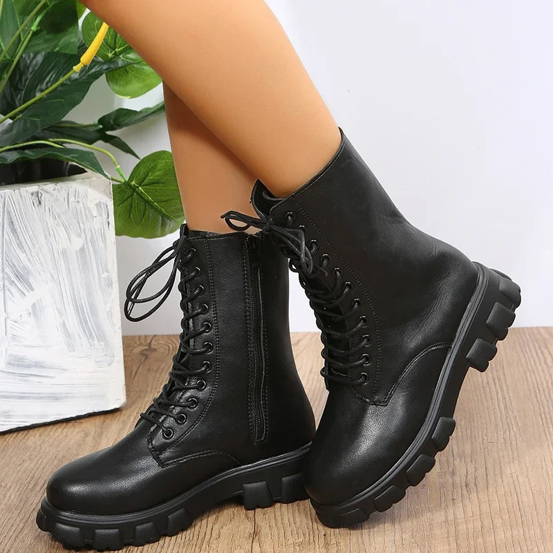 2024 Boots Women Autumn Winter PU Leather White Ankle Boots Motorcycle Botines Female Chunky Heels Platform Boots Botas Mujer 250714