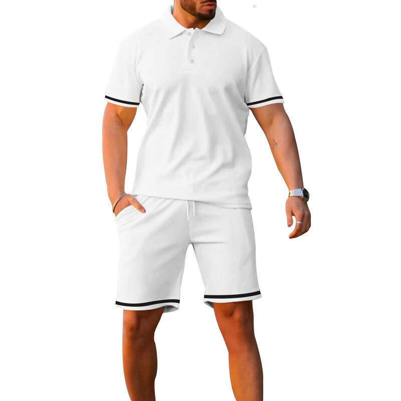 Hot Selling Foreign Trade Summer Turn-down Collar Buttoned Patchwork Short Sleeve Shorts Sports Casual Youth Plus Size Men Set