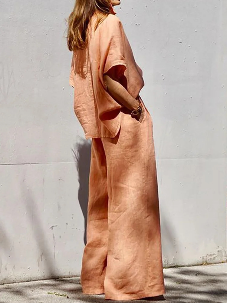 Summer Women Lapel Button Tops And Pants Suit Loose Long Wide Leg Pants Solid Two Piece Set Femme Streetwear Casual 2PCS Outfits 250715