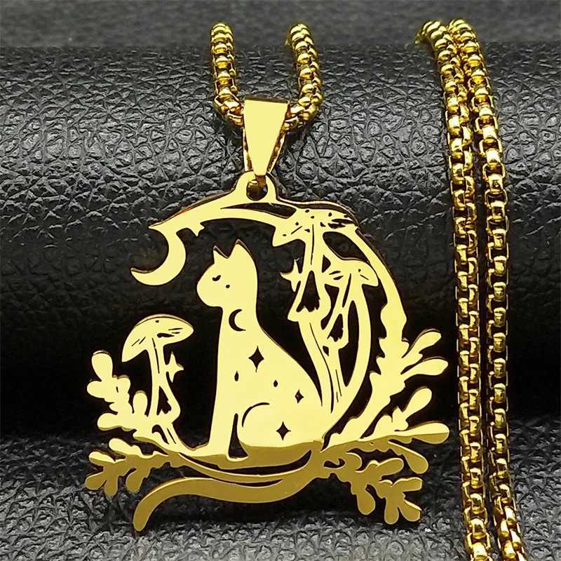 Night Witchcraft Black Cat Pendant Necklace For Women Men Stainless Steel Half-Moon Mushro Plant Chain Jewelry Gifts W250719
