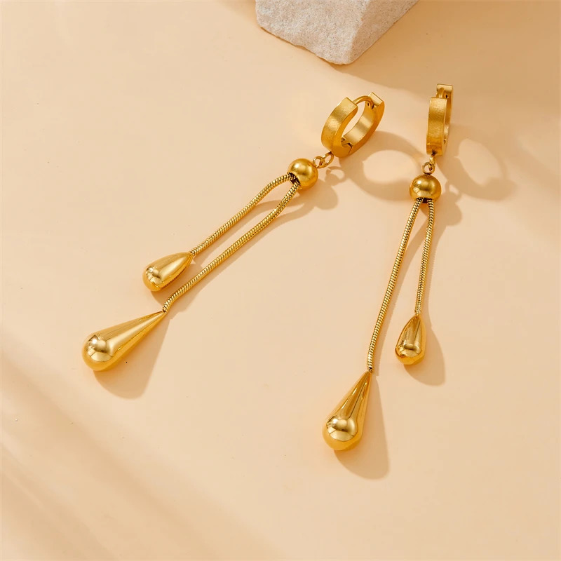 DIEYURO 316L Stainless Steel Adjustable Water Droplet Tassels Necklace Earring Golden Fashion Jewelry Set Party Gifts 250715