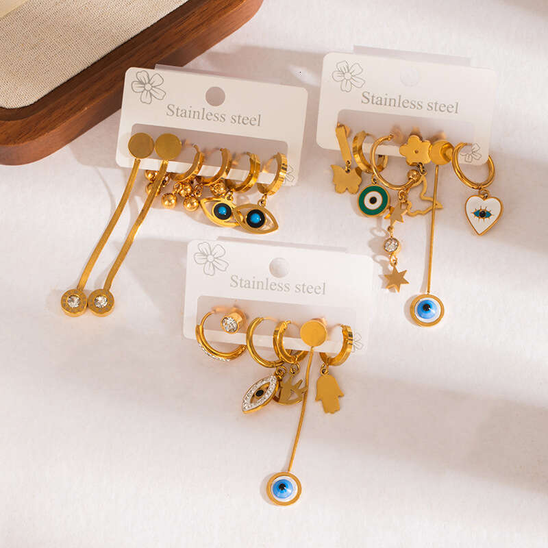 New Devil's Eye Stainless Steel Earring Set High-end Elegant Versatile Water Drop Earrings for Women