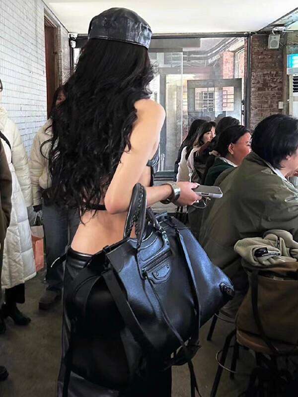 Spicy Girl Street Motorcycle New Commuter Tote Carry On Luggage Gym Soft Leather Rivet Travel Bag