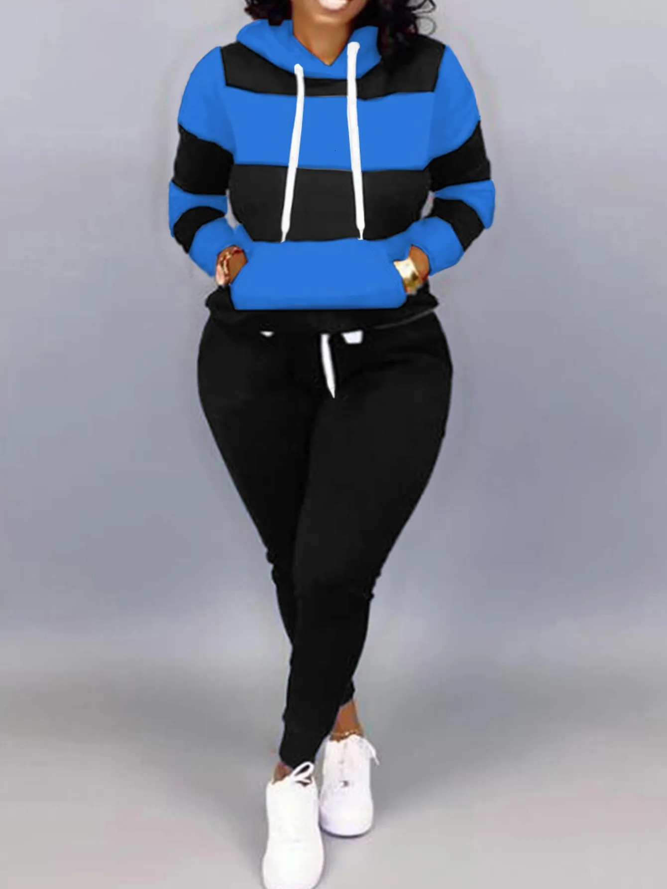 LW Plus Size Striped Drawstring Tracksuit Set Autumn Women Hoodie Pants Set Striped Printed Hooded Long Sleeve Warm Sweatshirts 250714