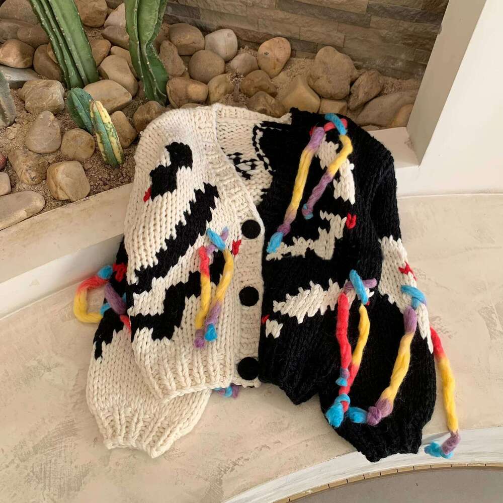 Designer Clothing Women Multi Color Tassels Chunky Cardigan 2024 Autumn Winter Handmade Sweater Jumper Outwear Niche Design Fashion
