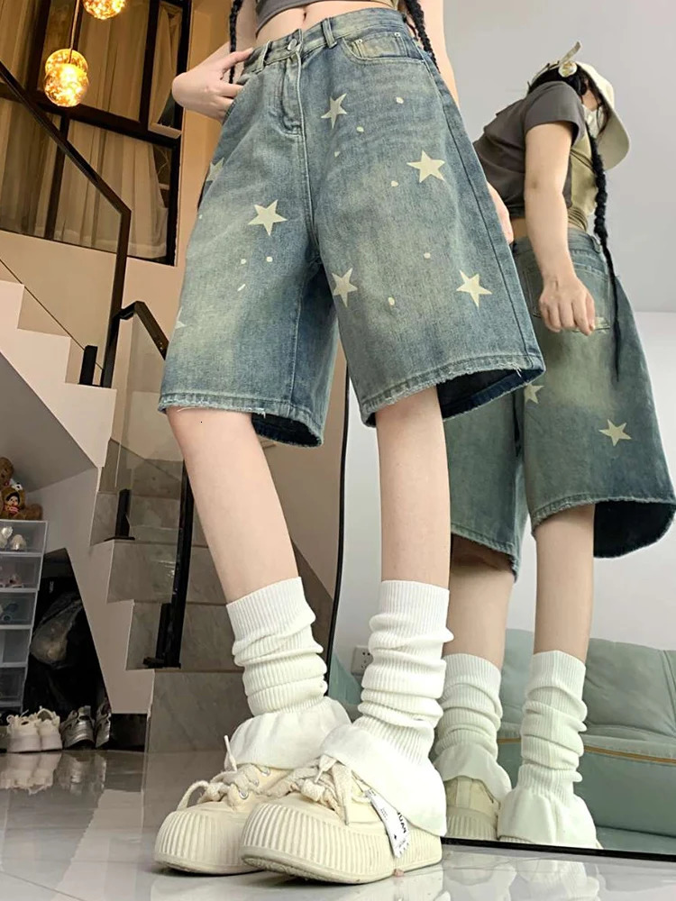 Women High Waist American Retro Washed Wide Leg Jeans Girls Street Do Old Star Loose Denim Pants Female Blue Knee Length Shorts 250714