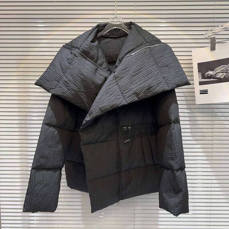 Winter Big Turn Collar Long Drawstring Striped Thick Knee Length Overcoat Warm White Duck Down Jacket Women MDNG