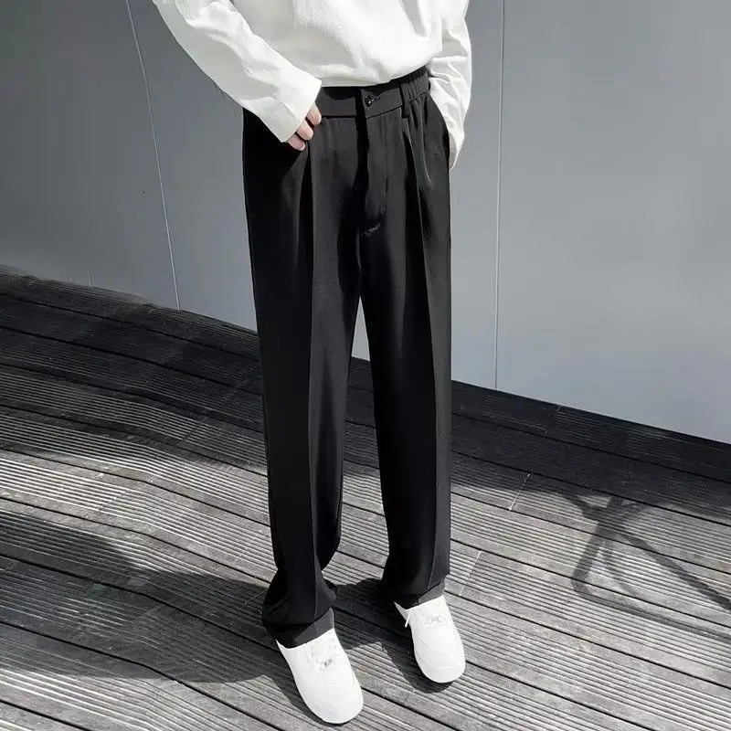 Mens Clothing Summer Casual Business Pure White Loose Fit Lightweight Draped Ice Silk Straight Wide Leg Dress Pants 250715