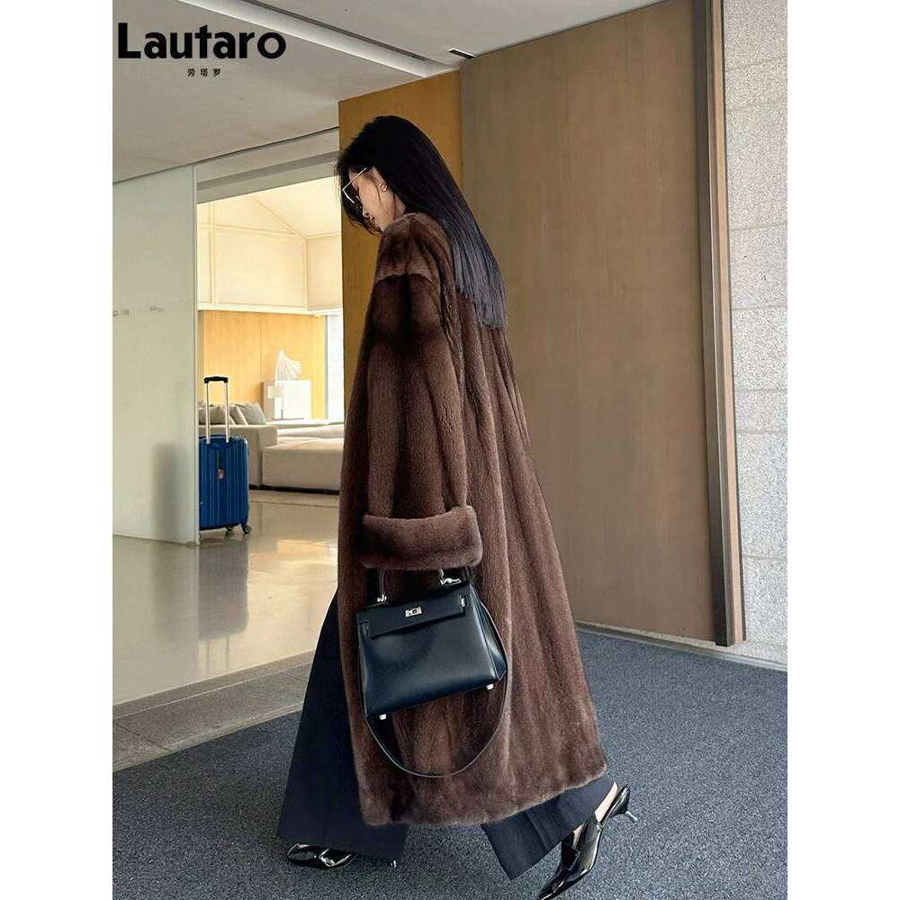 Lautaro Autumn Winter Long Elegant Chic Soft Thick Warm Brown Hairy Faux Mink Fur Coat Women V Neck Fluffy Overcoat 2024 MDNG