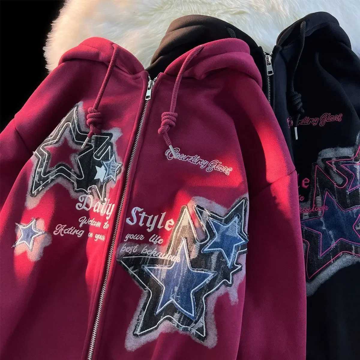 Aesthetic Star Print Cardigan Zip Up Sweatshirt Men Women Autumn Winter Loose Tide Brand Couple Hooded Zip Jacket Harajuku Y2k Z250719