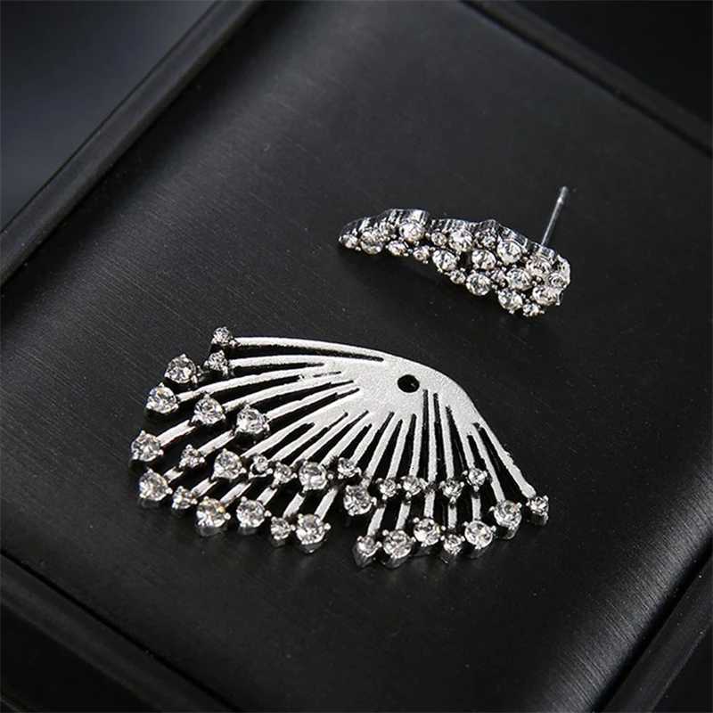 2 in 1 Antique Silver Color Crystal Women Stud Earrings Hollow Wings Hip Hop Ear Accessories Bohemian Asymmetrical Female Earring XJ250718