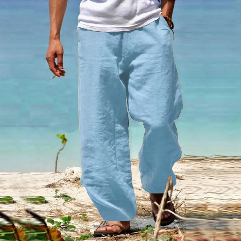 Mens Beach Pants Breathable Loose Straight Trousers Male Summer Casual Solid Color Japanese Streetwear 250717