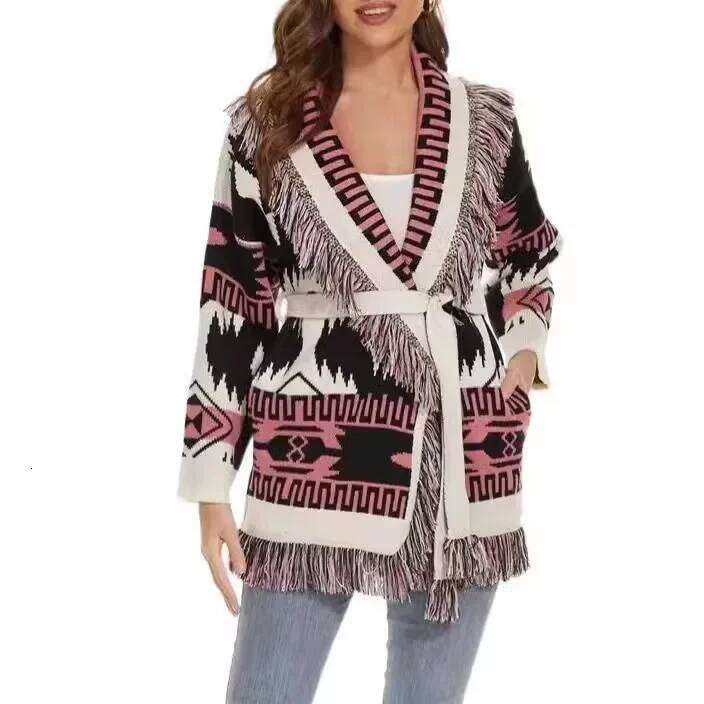 Designer Clothing Niche Color Block Jacquard Fringed Lapel Thickened Medium-Length Sweater Jacket Autumn/Winter New Arrival From Speed Sell Throug Fas