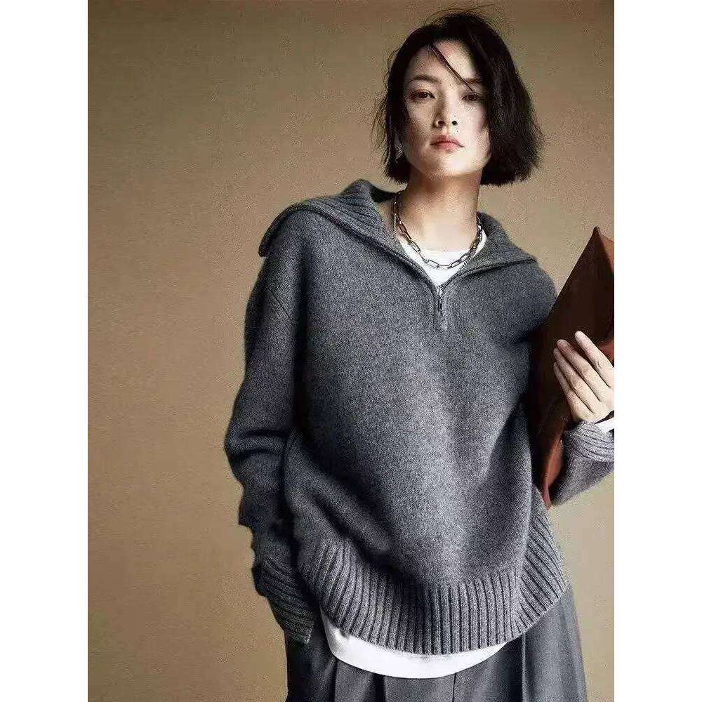Loose Casual Sweater Women Lapel Zipper Autumn Winter Jumpers Knitwear Soft Warm Tops Femme Comfortable Pullover Turtleneck 2024 MDNG