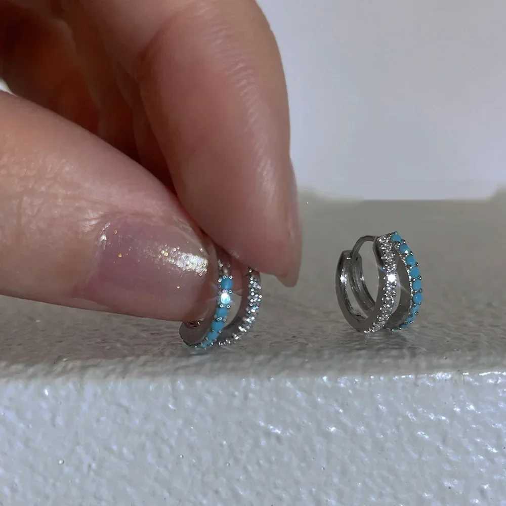 Geometric Turquoise Blue White Zirconia Ear Buckles Exquisite Elegant Hoop Earrings for Women Original Design Jewelry XJ250718