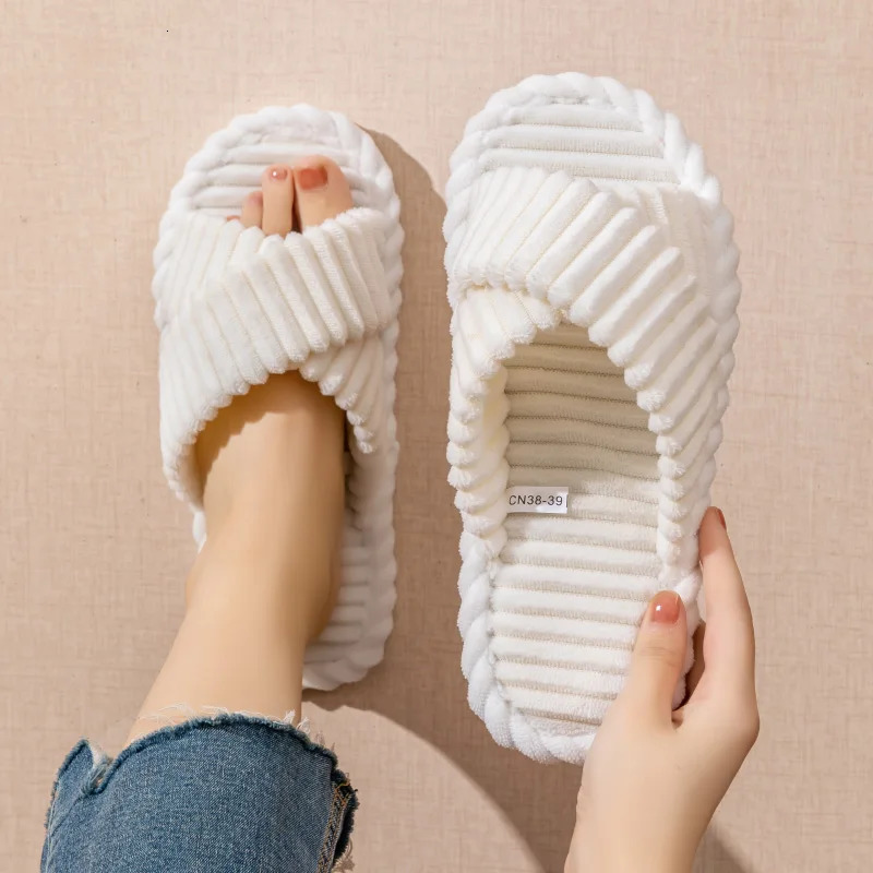 Fashion Corduroy Cross band Open Toe Home Slippers Women Autumn Winter Warm Plush Slides ladies Bedroom Soft Sole Slippers 250716