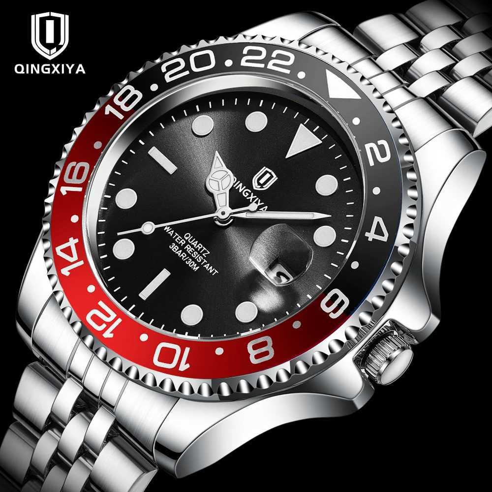 Qingxiya Brand New Fashion Date Quartz Watch Men Stainless Steel Waterproof Luminous Bezel Rotation Luxury Men Watches Relogio W250718