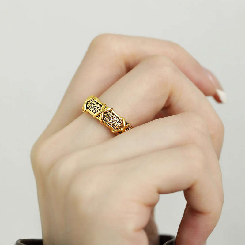 Unique Heavy Craft Antique Gold Color Tang Grass Pattern Cross for Women Fashionable Light Luxury Vintage Versatile High-end Index Finger Ring