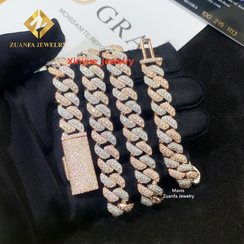 Wholesale Price Hip Hop Men Cuban Necklace Two Tone 925 Silver 10MM Iced Out Moissanite Cuban Link Chain Rock Jewelry