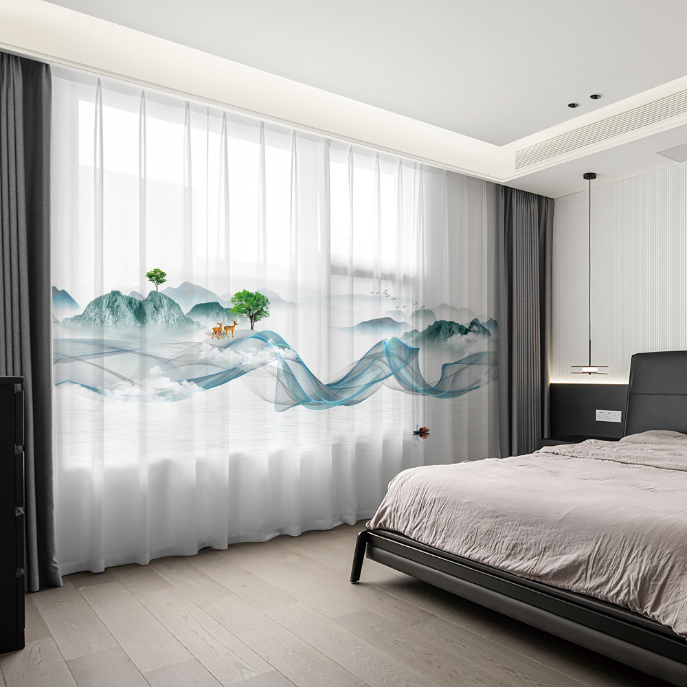 YL-36629 New Chinese style landscape painting all-match chiffon window screen living room bedroom tea house temple light-transmitting and non-transmit