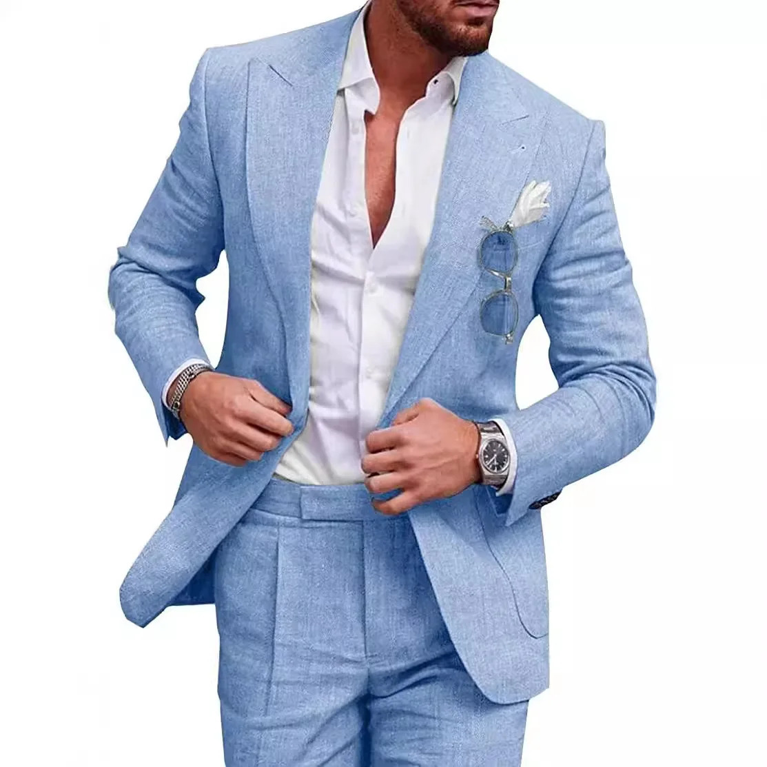 Korean Version Linen Solid Color Business Two-piece Set Mens Spring Casual Back Slit Single Button Lapel Suit Trousers 250715