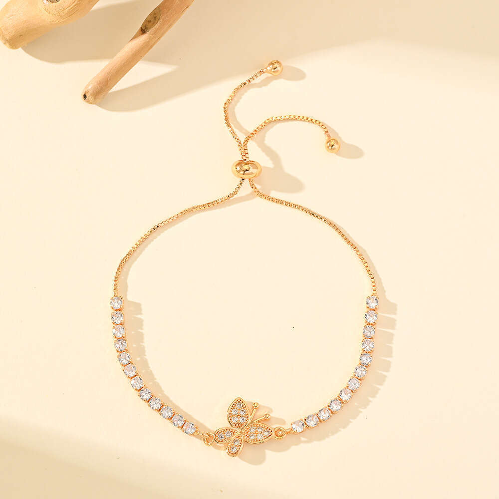 Light Inlaid Butterfly Bracelet for Women, Ins Fashion High-end Full Dia Adjustable Push-pull Chain Jewelry