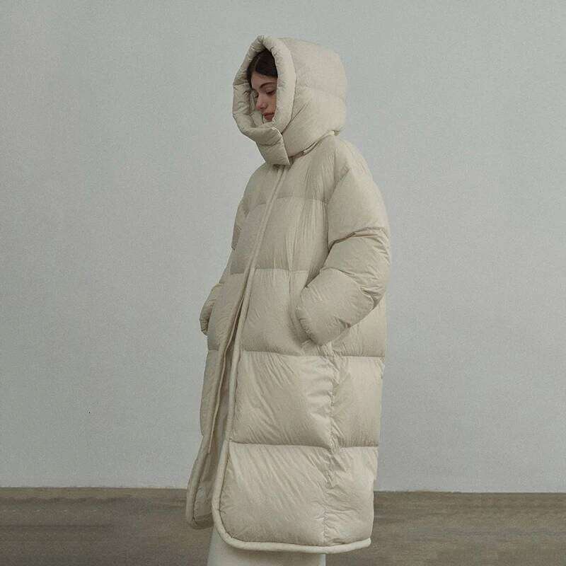 Winter Hooded Mid-Length Women Loose Thick 90 White Duck Jacket Female Windproof Long Over Knee Down Parka Coat MDNG