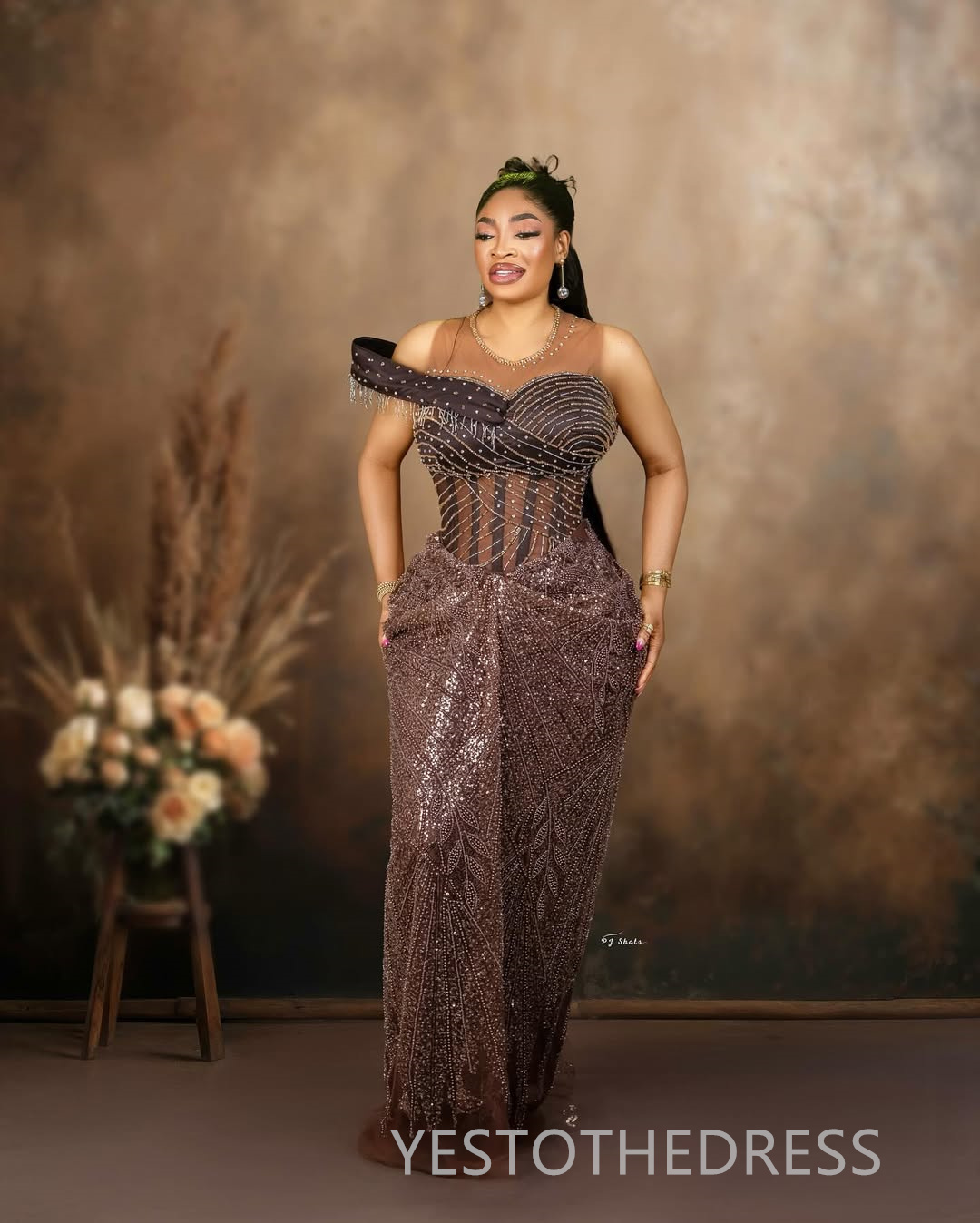 2025 African Borwn Aso Ebi Prom Dress Mermaid Prom Dresess Evening Formal Gown Sheer Neck Beaded Lace Crystals Birthday Second Reception Gowns For Bla
