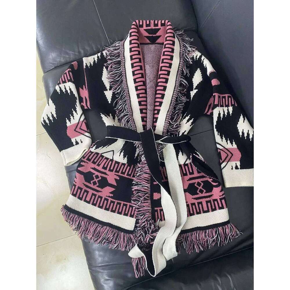 Designer Clothing Boho Inspired Cosmic Pattern Fringed Edge Cardigan Cashmere Warm Sweaters Belt Tied Winter Clothes Women Fashion