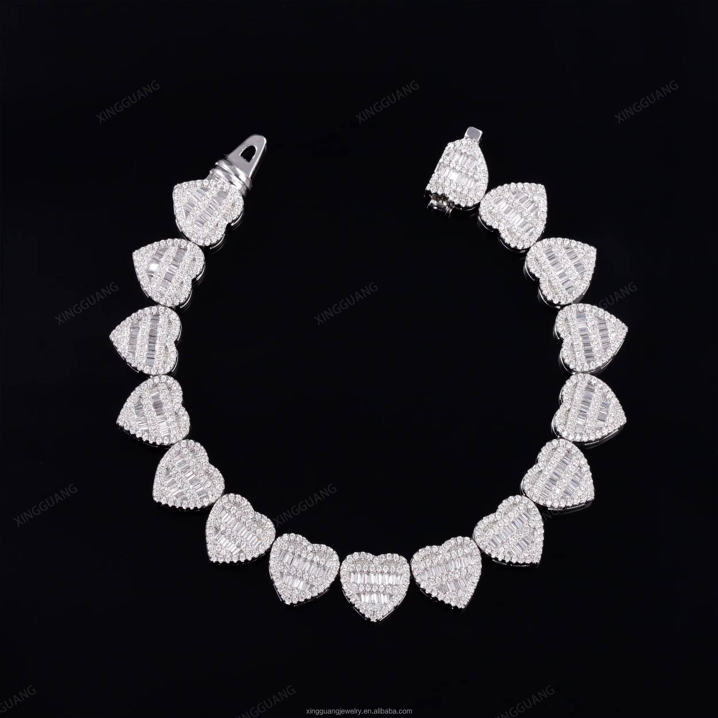 Fine Hip Hop Jewelry Sterling Silver 925 Iced Out Moissanite Heart Cuban Link Chain Bracelet for Wholesale Price