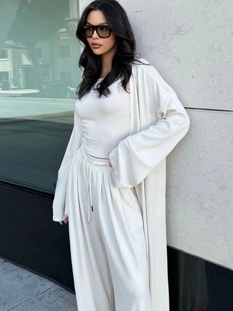 Womens 3 Piece Set Casual Top Oversize Full Sleeve Long Cardigan Wide Leg Trousers Suit Lady Summer Female Beach Outfits 250714