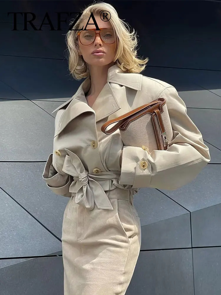 TRAFZA 2025 Spring Retro V-neck Double Breasted Womens Pocket Top Loose Jacket Womens Street Casual Lace-up Short Trench Coat 250716