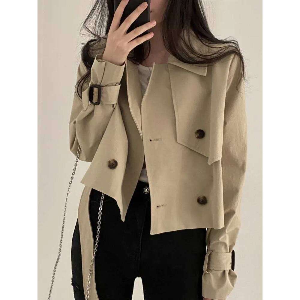 2colors Korean Women Autumn Trench Coats Short Jacket Casual Female Lace Up Coat Tops womens (hf1903)