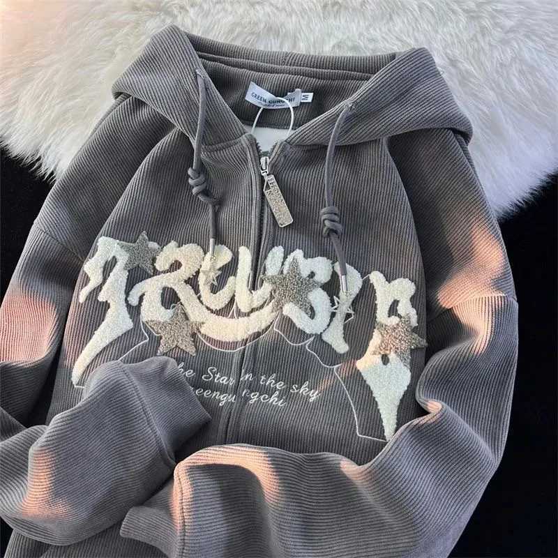 Fashion Embroidery Zip Up Hoodies Women Autumn Long Sleeve Tops Loose Hood Shirt Harajuku Y2K Clothes Female Sweatshirt Jacket Z250719