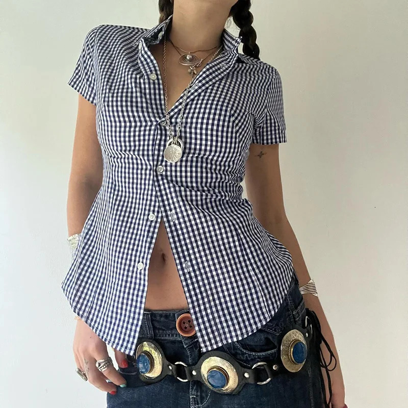 Darlingaga Vintage Fashion Plaid Shirt Women Cropped Top ButtonsUp Cardigan Y2K Korean Style Casual Summer Blouse Short Sleeve 250717