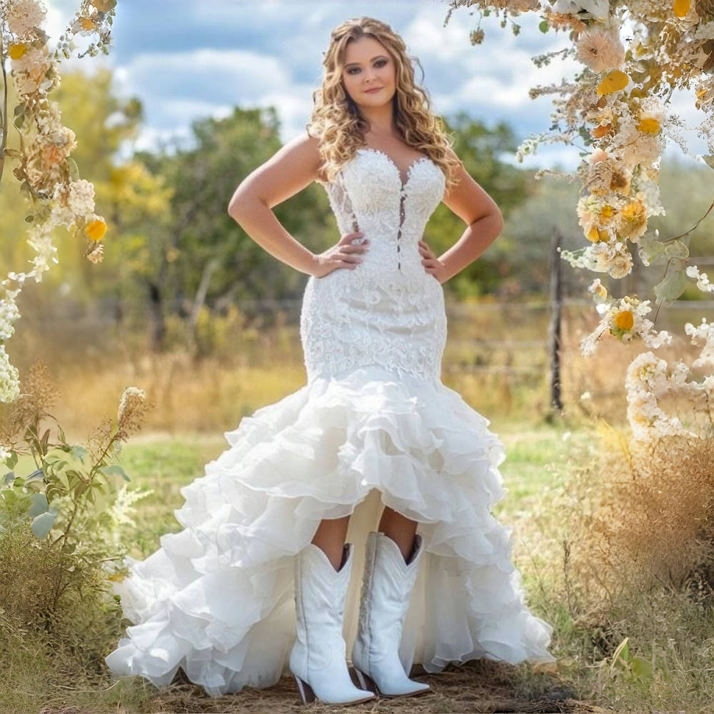 Cowboy Western Country Wedding Dresses High Low Mermaid Lace Bridal Gown Appliques Tiers Ruffles Outdoor Ceremony Bride Dress