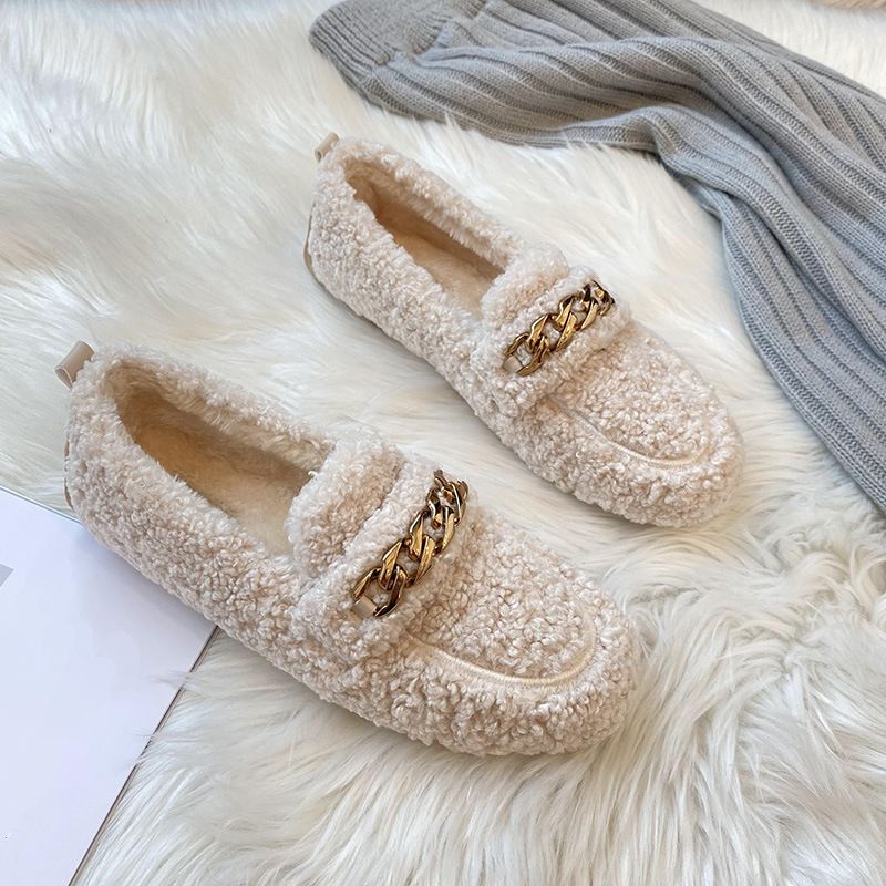 Stylish Lamb Fur Women Platform Metal Decor Vintage Shoes Slip On Plush Lining Female Cork Winter Slides Shoes Woman Furry Soft Sole Casual Oversized 