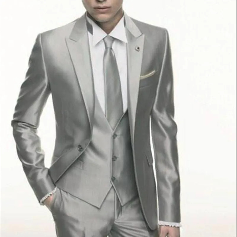 Silver Grey Satin Men Suit Slim Set Formal Wedding Skinny Stylish Male Blazer Party Custom Tuxedo 3 Piece Vestidos Suits for Men 250715