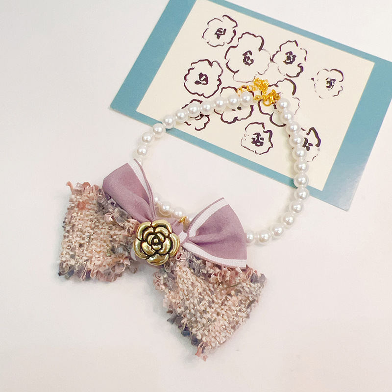 Designer Harness French Bow Pet Collar, High-end Cat Pearl Necklace Accessory, Little Dog Neck Collar and Necklace