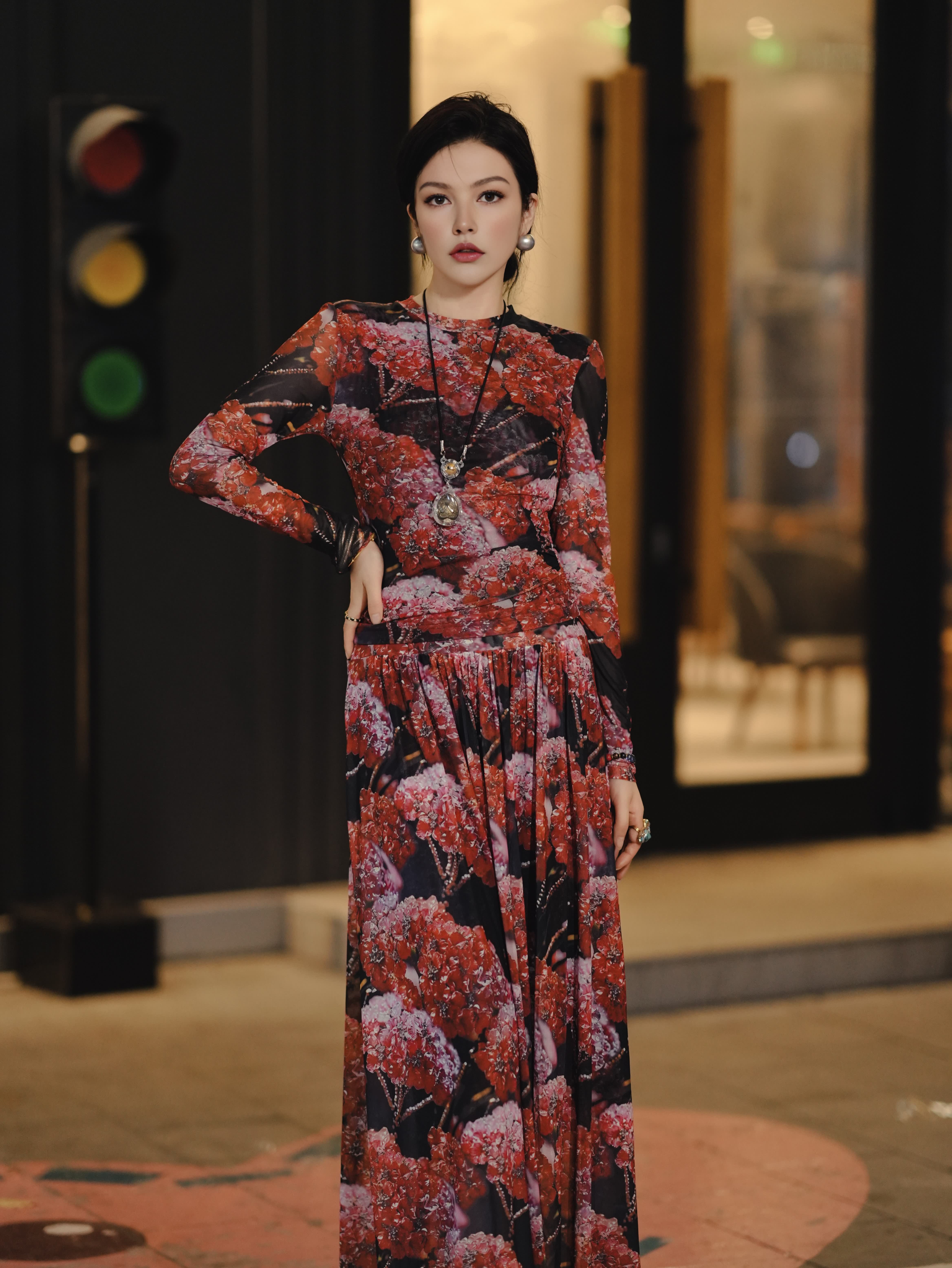 HZHJ New Designer's Red Flower Cluster Winter Long Sleeve Set Skirt Slimming Printed Dress Medium Length
