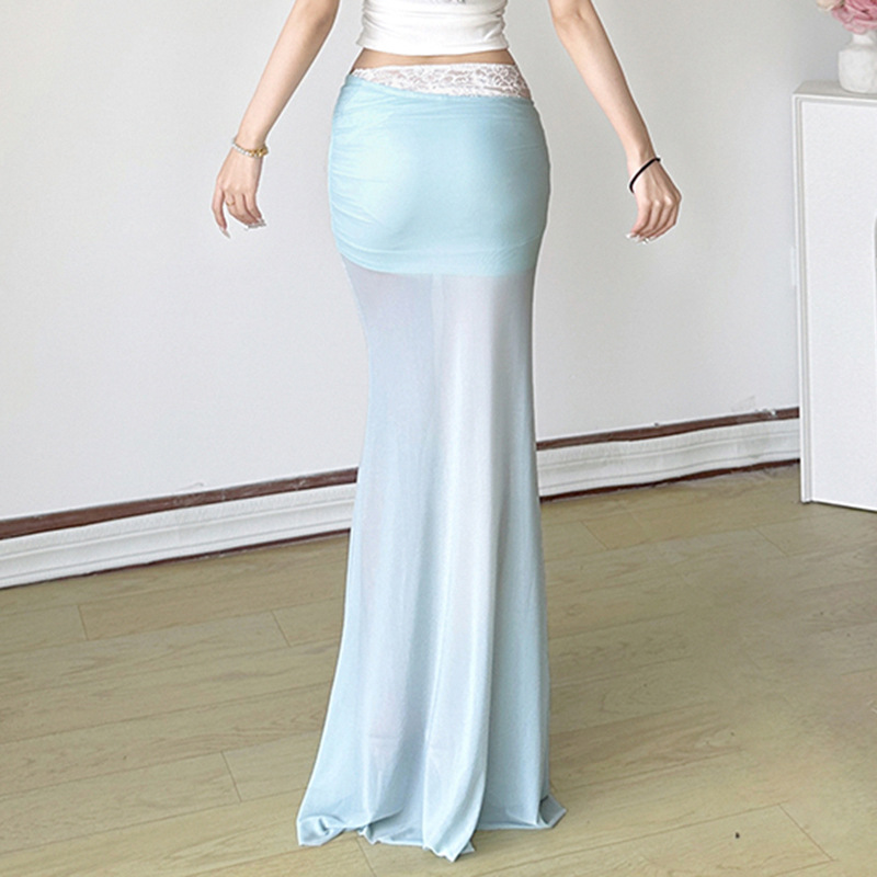 PLD4155 Women's Holiday Style Three-Dimensional Flower Blue Mesh Skirt Hot Girls Transparent Hip Skirt