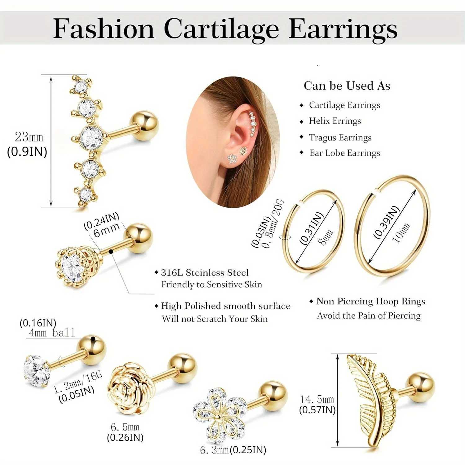 Drperfect Surgical Stainless Steel 16G Cartilage Earrings Studs Helix Couch Hoop Piercing Earrings Set Opal Shiny Earrings XJ250718